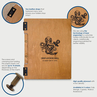 Cubierta de libro de tablero de menú de madera grabada personalizada abrochada con correa de cuero soporte de carpeta de menú de restaurante cubierta de menú personalizada