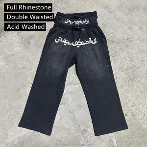 カスタムスクリーン印刷ヘビー級ヒップホップ酸洗浄日色あせたラインストーンクライタルダブルウエストワイド脚フレアスウェットパンツ - Product Image 1