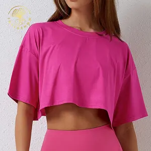 Recycelte Sport bekleidung benutzer definierte Damen gestrickte Crop Tops T-Shirts leere Baumwolle übergroße lose Crop Top T-Shirt schlicht sexy für Frauen