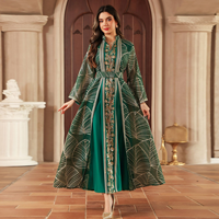 Robe longue Abaya Kaftan à manches longues et col montant, imprimé feuilles, broderie de sequins, en polyester respirant, avec ceinture, pour femmes musulmanes de Dubaï