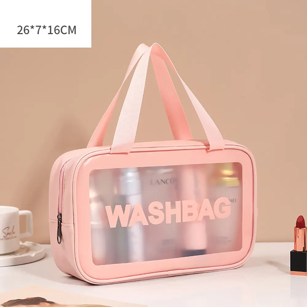 Grande capacidade do logotipo personalizado viagem pvc, de higiene pessoal transparente saco de cosméticos à prova d' água carrinho bolsa maquiagem com duas manoplas