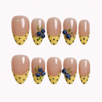 Ongles à presser en acrylique amande jaunes à pois 3D motif myrtille, personnalisables, vente en gros pour salons de manucure et fournisseurs de SPA