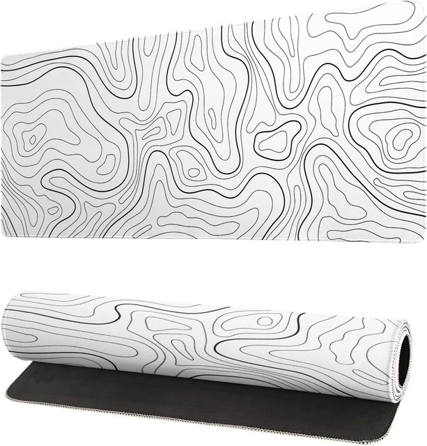 MIO Topographic Contour White Gaming Mouse Pad XL Large Desk Mat Non-Slip Rubber Base Indoor Geographic Map Lines Extended MIO