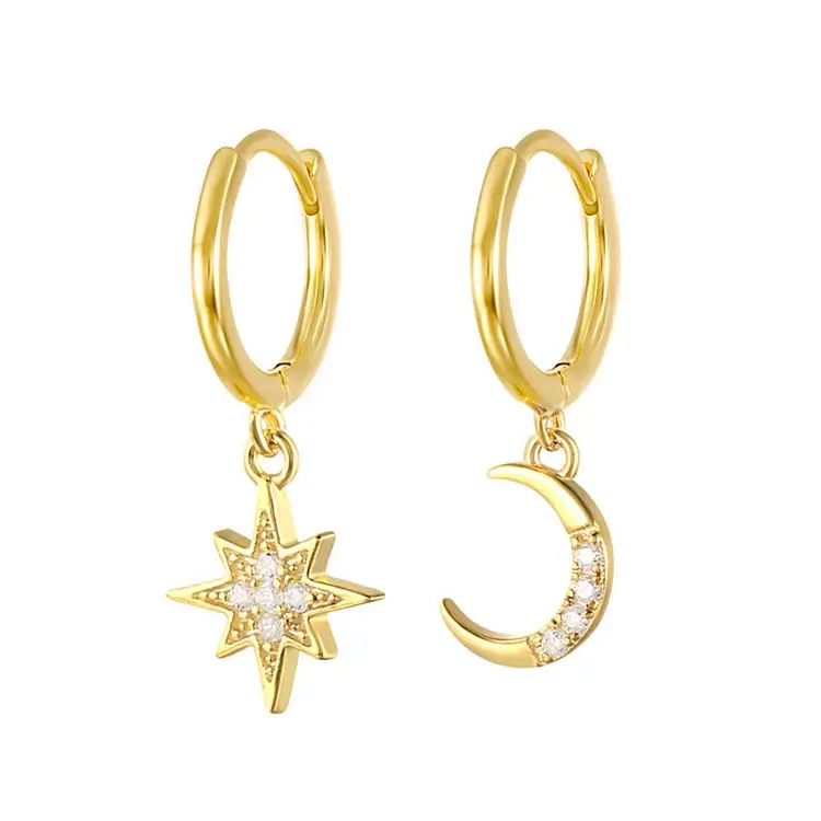 Fashion jewelry 925 sterling silver gold plated star moon pave CZ diamond drop hoop earrings