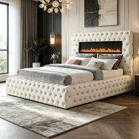 Lit en bois de luxe moderne avec rangement, cheminée intégrée, rembourré en velours, multifonctionnel, pour lit King ou Queen