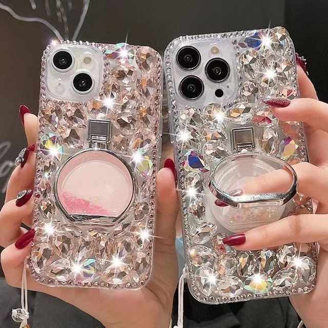 Luxury Glitter Stand Perfume Bottle for iPhone 15 14 13 12 Plus Shell Crystal Cover for Apple 16 Promax 16pro Luxury