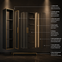 Vitrine de présentation de cosmétiques à double porte en or noir avec étagères en verre rétroéclairées par LED, vitrine de vente au détail de produits de beauté sur pied