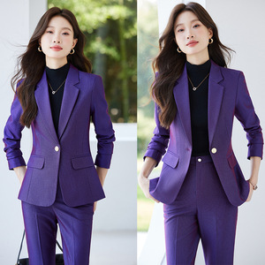 Purple Women's Suit Set Autumn Full Sleeve Polyester Anti-Wrinkle Office Lady Slim Fit Professional Style - Product Image 1