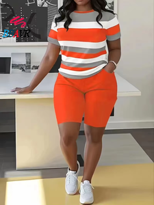 Conjunto de Camiseta y Pantalones Cortos de Verano para Mujer con Diseño de Rayas, Conjunto Deportivo Informal de 2 Piezas - Product Image 6