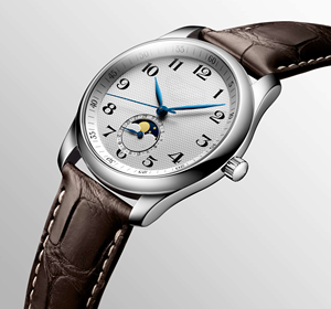 Men’s Round <b>Automatic</b> Dress Watch with Moon Phase Polished Stainless Steel Case Crocodile-Embossed Leather Strap Longinesing - Product Image 4