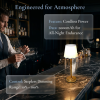 Lampe de table LED d'ambiance moderne en laiton avec abat-jour en tissu festonné, commande tactile, sans fil, rechargeable, pour table de chevet, restaurant, bar