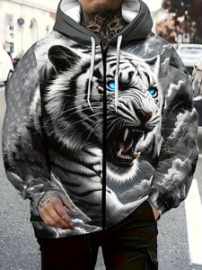 Felpa con Cappuccio Oversize da <span class=keywords><strong>Uomo</strong></span> Stile Streetwear Invernale con Stampa Digitale 3D <span class=keywords><strong>Tigre</strong></span> Bianca in Poliestere/Cotone Felpato - Product Image 3