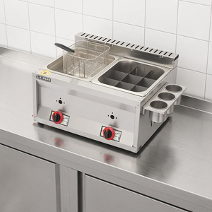 Friteuse à gaz en acier inoxydable de qualité commerciale avec plaque chauffante et deux réservoirs pour usage en restaurant, alimentée au GPL/GNL - Product Image 1