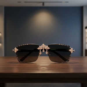 Full Rim <b>Rectangle</b> <b>Sunglasses</b> Rhinestone Cross Accents UV400 Protection Unisex Adult Luxurious Style - Product Image 1