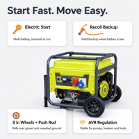 Générateur 230V 50Hz 10000W pour propriétés rurales et sites commerciaux, moteur 521cc, AVR, roues de 8 pouces, démarrage électrique à manivelle