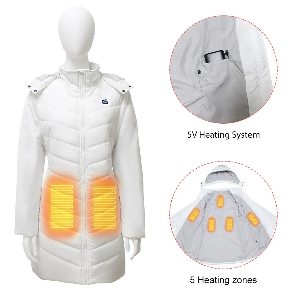 Jaqueta comprida aquecida com bateria para mulheres, casaco casual branco 100% poliéster padrão adulto, ideal para caminhadas e inverno ao ar livre