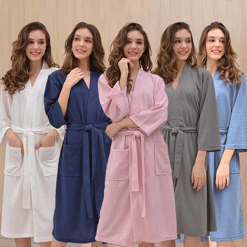 Gute Qualität Großhandel Baumwolle Frauen Soft Light Hotel Bademantel Square Waffel Spa Kimono Robe