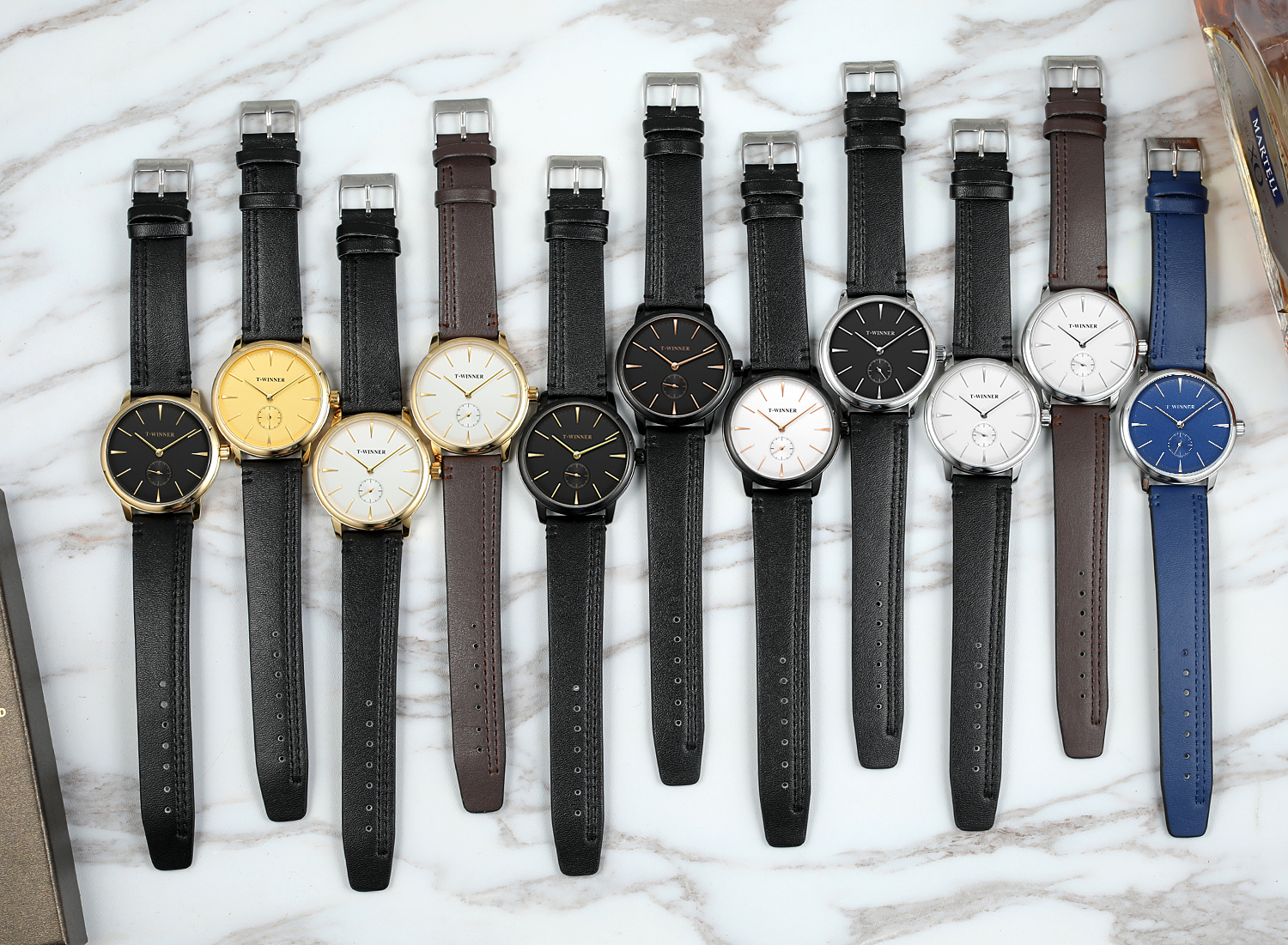 Мужские механические часы с автоматической цепью T-Winner 8165, простые деловые мужские наручные часы с маленьким циферблатом и ремешком из натуральной кожи