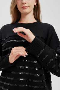 100% Pure Cashmere Ladies' crew neck long sleeve knitting pullover sweater with <b>black</b> sequins - Product Image 5