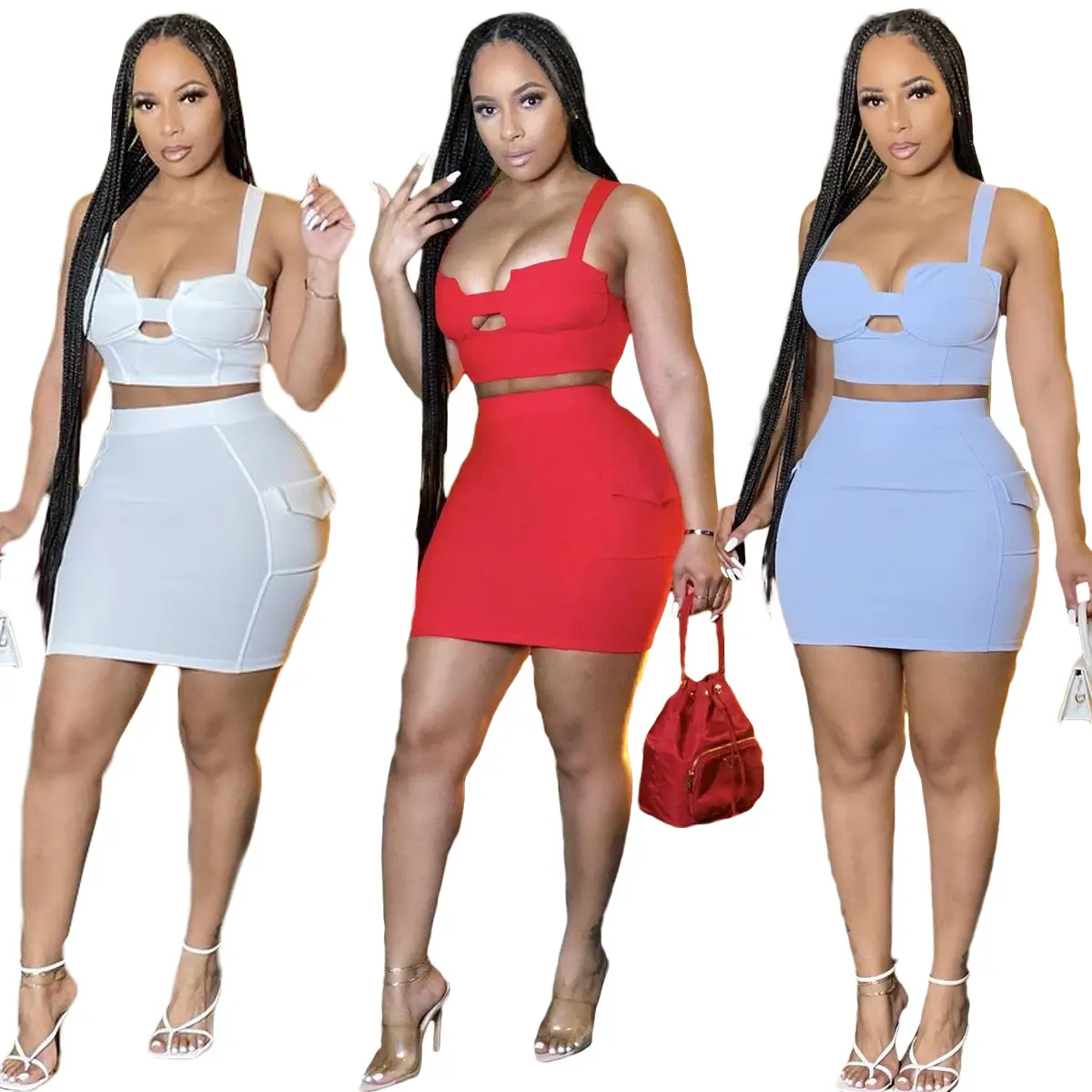 Plus size Solid Color Sexy Mature Ladies Dress Ladies Women Dress Sexy Club Wear Two Piece Set Women's Clothing Skirts