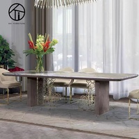 Table à manger rectangulaire en marbre italien de luxe avec structure en acier inoxydable, ensemble de 8 chaises pour usage hôtelier