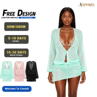 Ensemble de maillot de bain à sequins A&J GRS pour femme avec haut en maille transparente à nouer et mini-jupe froncée, idéal pour la plage ou les soirées, personnalisable avec logo, fournisseur en gros