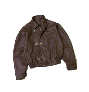 Men's <strong>Brown</strong> Faux <strong>Leather</strong> <strong>Jacket</strong> with Metal Buckle Closure Oversized Streetwear Vintage Style Bomber Coat - Product Image 4