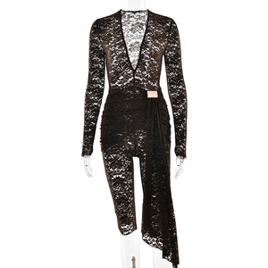 Combinaison sexy en dentelle transparente pour femme, coupe ajustée, manches longues, col en V profond, combinaison de soirée, épaisseur moyenne, micro-élasticité, polyester - Product Image 5