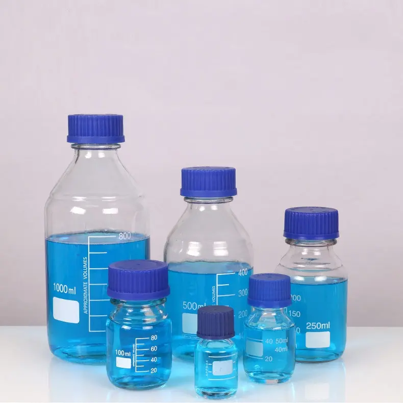Frasco de vidro para reagente de laboratório, frasco de boca larga de fábrica com tampa de rosca azul, 1000ml, de borosilicato