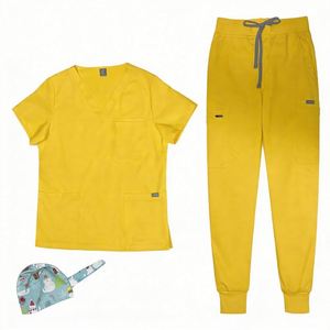 Conjunto de Uniforme Quirúrgico Amarillo Personalizado Unisex de Alta Calidad en Poliéster, Rayón y Spandex, Elástico, para Enfermería, Uso Hospitalario, con Logotipo Bordado, Venta al Por Mayor OEM - Product Image 1
