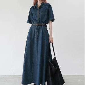 Mode féminine col roulé personnalisé confortable classique marine ensemble de costume en jean décontracté manches courtes haut midi jupes plissées ensemble deux pièces - Product Image 1