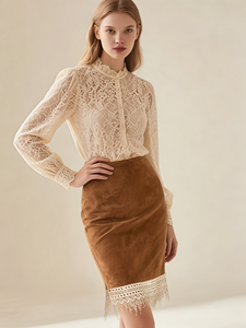 Falda lápiz de punto tipo gamuza color caramelo para mujer, transpirable, retro, hasta la rodilla, informal, elegante, para otoño - Product Image 1