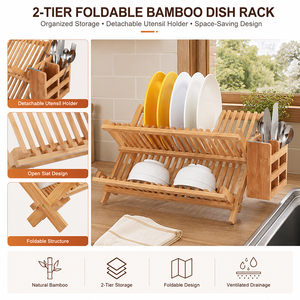 Tendedero de vajilla de bambú natural, plegable, con soporte para utensilios - Product Image 2