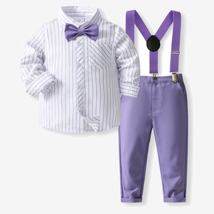 Set Camicia a Righe e Salopette per Ragazzi, Nuovo Stile Britannico Autunnale, Abbigliamento per Bambini per Matrimoni e Spettacoli - Product Image 1