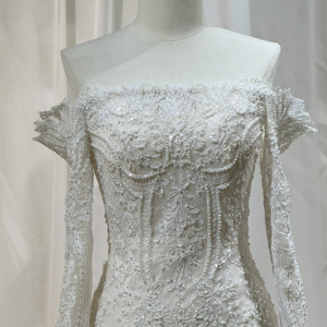 Vestido de Novia Personalizable sin Tirantes, Manga Larga, Estilo Sirena/Trompeta, con <span class=keywords><strong>Flores</strong></span>, Cola de Capilla, Largo hasta el Suelo, en Tela de Satén y Chifón, OEM - Product Image 5