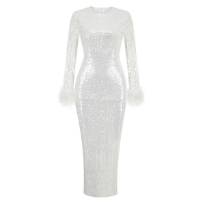 A8496 abito da donna <span class=keywords><strong>bianco</strong></span> stile europeo abito Midi <span class=keywords><strong>con</strong></span> paillettes a maniche lunghe da sera da donna - Product Image 3
