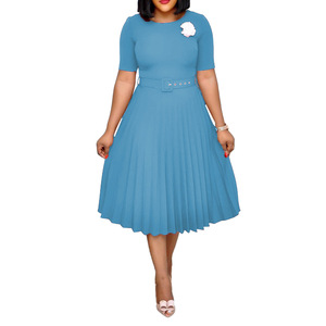 <b>Plus</b> <b>Size</b> Women's Round Neck Pleated Midi Dress With <b>Belt</b> Leisure Wear - Product Image 5