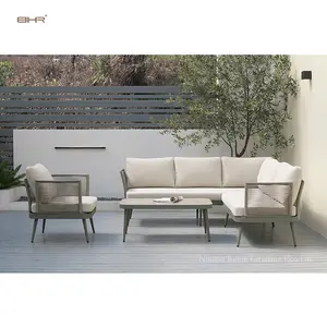 Muebles de exterior de lujo BHR, marco de aluminio, salón de Hotel, sofá de esquina, juego de sofás de exterior de cuerda tejida