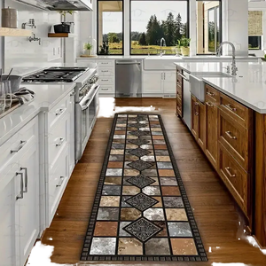 พรมครัวกันลื่นโพลีเอสเตอร์ทันสมัยหรูหรา ลายพิมพ์นามธรรมสีขาว เบจ น้ำตาล - Product Image 1