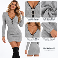 Robe moulante tricotée à manches longues et taille cintrée avec fermeture éclair, style mode personnalisé pour femme, idéale printemps-automne