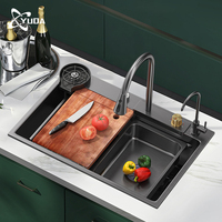 Tablier en acier inoxydable encastré à la main avec LED Évier de cuisine multifonction avec cascade intelligent fait à la main