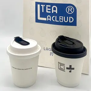 Copos de papel descartáveis para bebidas quentes e café com tampa, copos de papel com paredes duplas personalizáveis e com múltiplas especificações