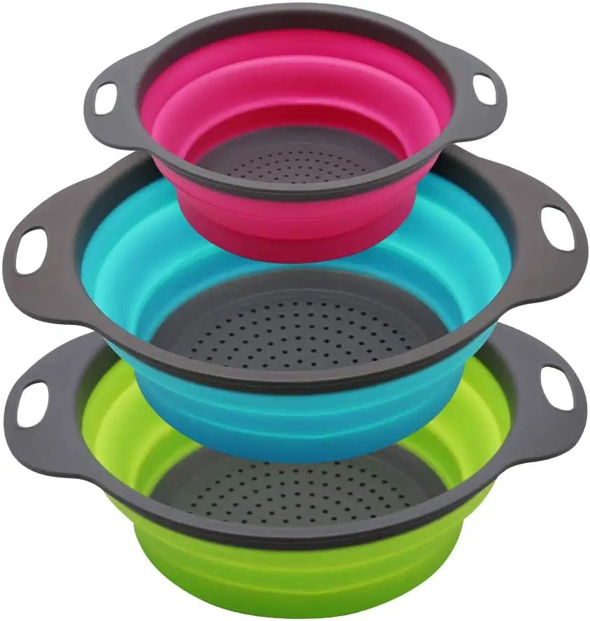 2 pezzi 4 Quart e 1 pz 2 quarti scolapasta pieghevole Set di 3 Set di filtri da cucina rotondi in Silicone