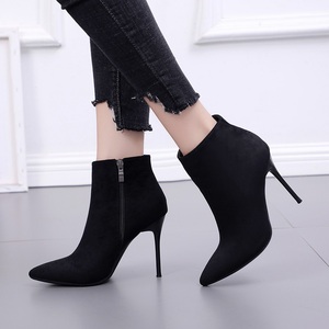 Collection Automne-Hiver 2021 : Bottines en Daim à Talon Haut Style Européen et Américain, Fermeture Éclair, Respirantes, Élégantes, Talon Fin, Bout Pointu - Product Image 1