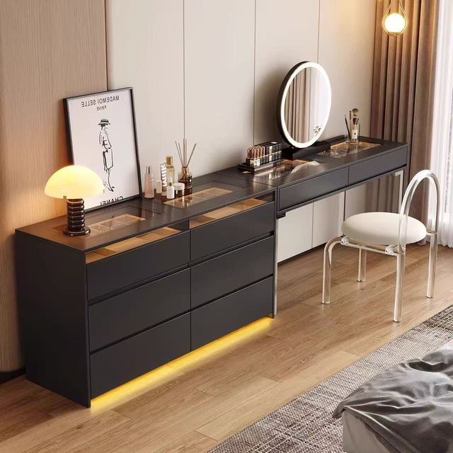 LED Light Modern Black Makeup Vanity Desk Glass Top Multi Drawer Dressing Table with Side Cabinet for Home Bedroom