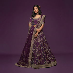 Purple Embroidered Bridesmaid <b>Lehenga</b> Set Art Silk Choli Dupatta Floor-Length A-Line Wedding Festival Outfit - Product Image 1
