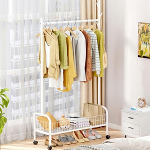 Minimalist Metal <b>Clothing</b> <b>Rack</b> With Wheels Double Tier Storage Holder For Living Room Standing Type Multifunctional Design - Product Image 3