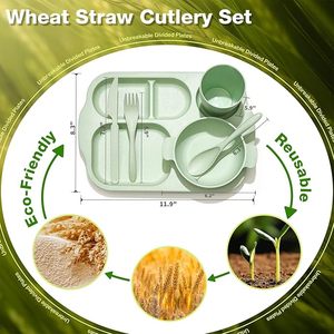 ชุดอาหารเย็นจากฟางข้าวสาลี 24 ชิ้น ชุดช้อนส้อมจานชามแบบไม่แตกหัก รวมถึงจานแบ่งสำหรับเด็ก ชาม ถ้วย ช้อน มีด ส้อม - Product Image 6