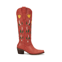 WETKISS Vente en gros Bottes d'été florales pour femmes, bottes de cowgirl à talon épais, bottes hautes rouges à bout pointu avec rivets