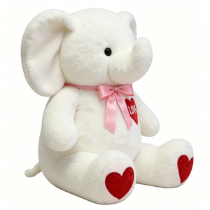 Peluche d'éléphant blanc personnalisée et adorable - Animal en peluche doux et moelleux avec nœud en satin rose et accents de cœur rouge - Product Image 2